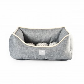Small Grey Dog Bed OHANA Athens Square Linen Fur-lined 