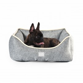 Small Grey Dog Bed OHANA Athens Square Linen Fur-lined 