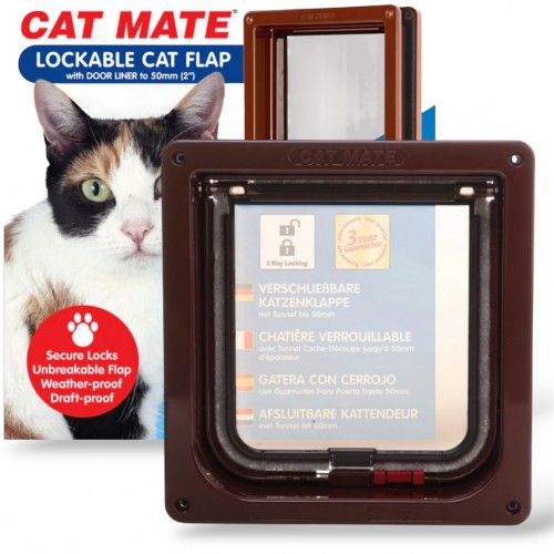 Cat Mate Lockable Cat Flap with Door Liner to 50mm Brown (2 inches) - 234B