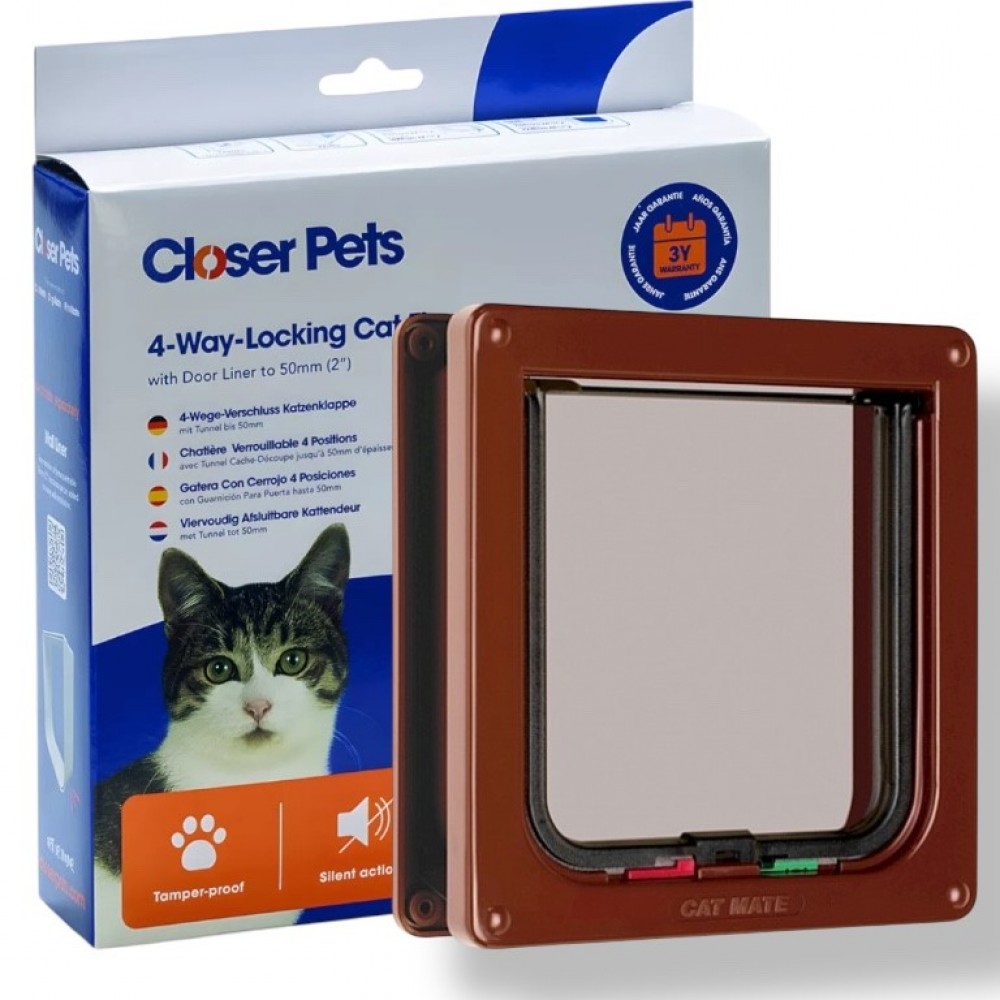 Cat Mate 4-Way-Locking Cat Flap with Door Liner to 50mm (2 inches) – Brown - 235B
