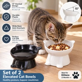 Raised Cat Bowls – Set of 2 Black & White 15° Elevated Kitten Bowls