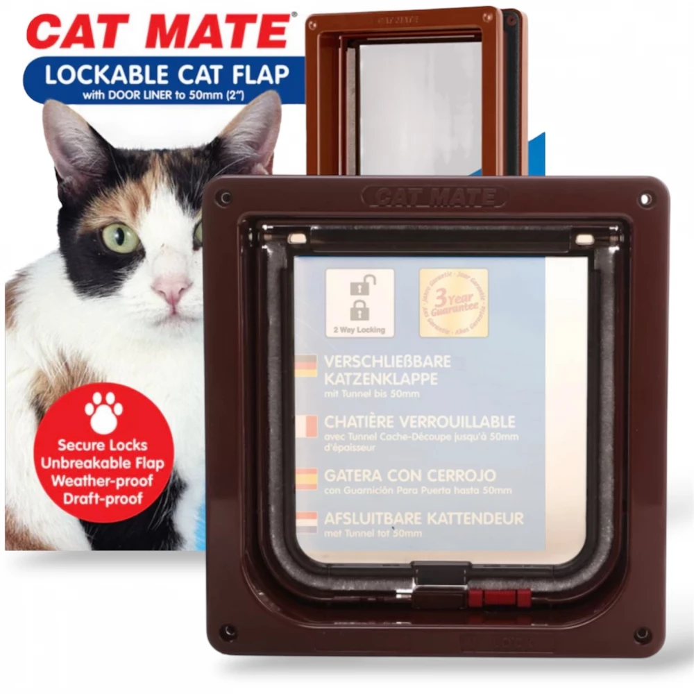 Cat Mate Lockable Cat Flap with Door Liner to 50mm Brown (2 inches) - 234B