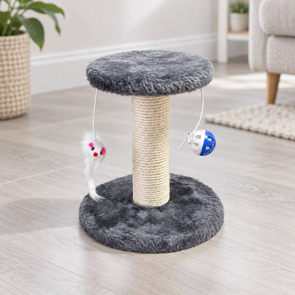 Mini Kitten Scratching Post with Two Hanging Toys – Grey