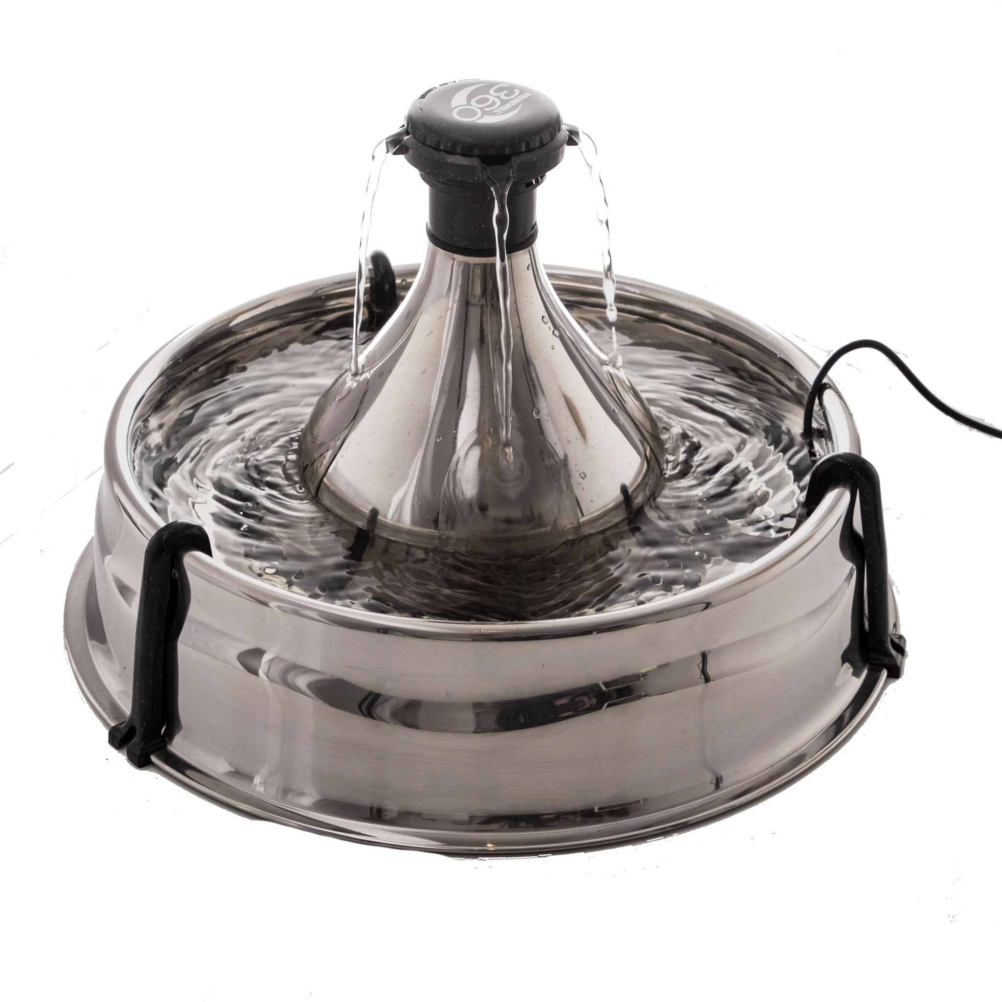 PetSafe Drinkwell 360 Stainless Steel pet fountain with multiple flowing water streams