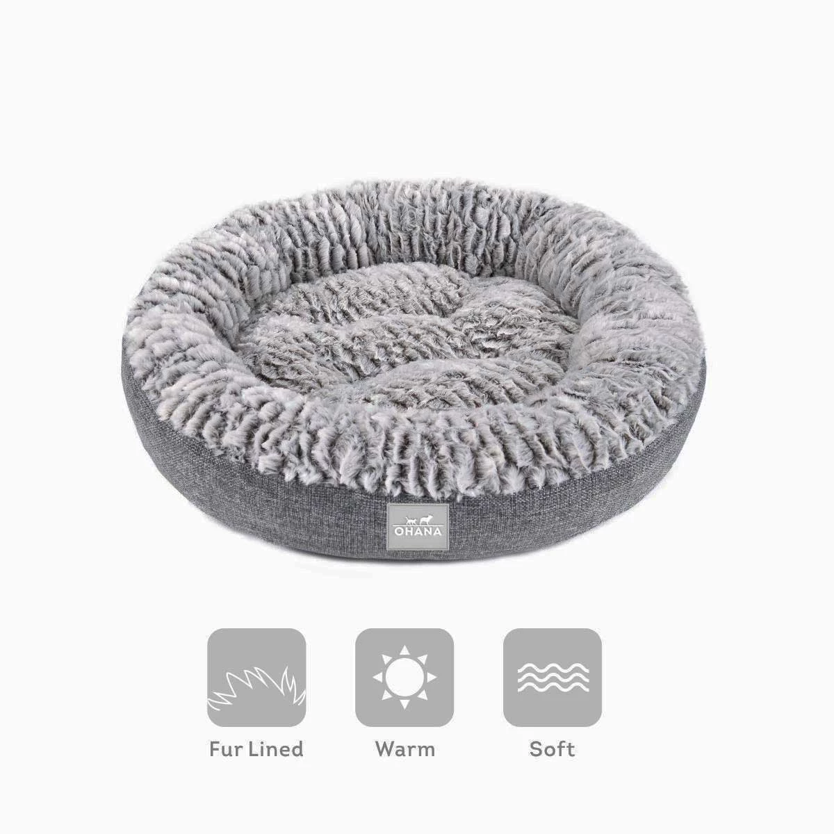 Ohana grey fur lined donut cat bed 50cm for cats and small dogs