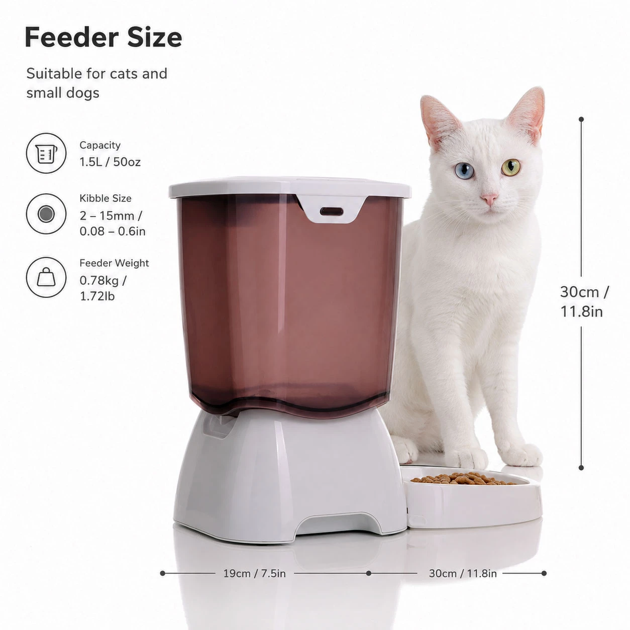 Cat Mate C3000 automatic feeder shown next to a cat for size comparison