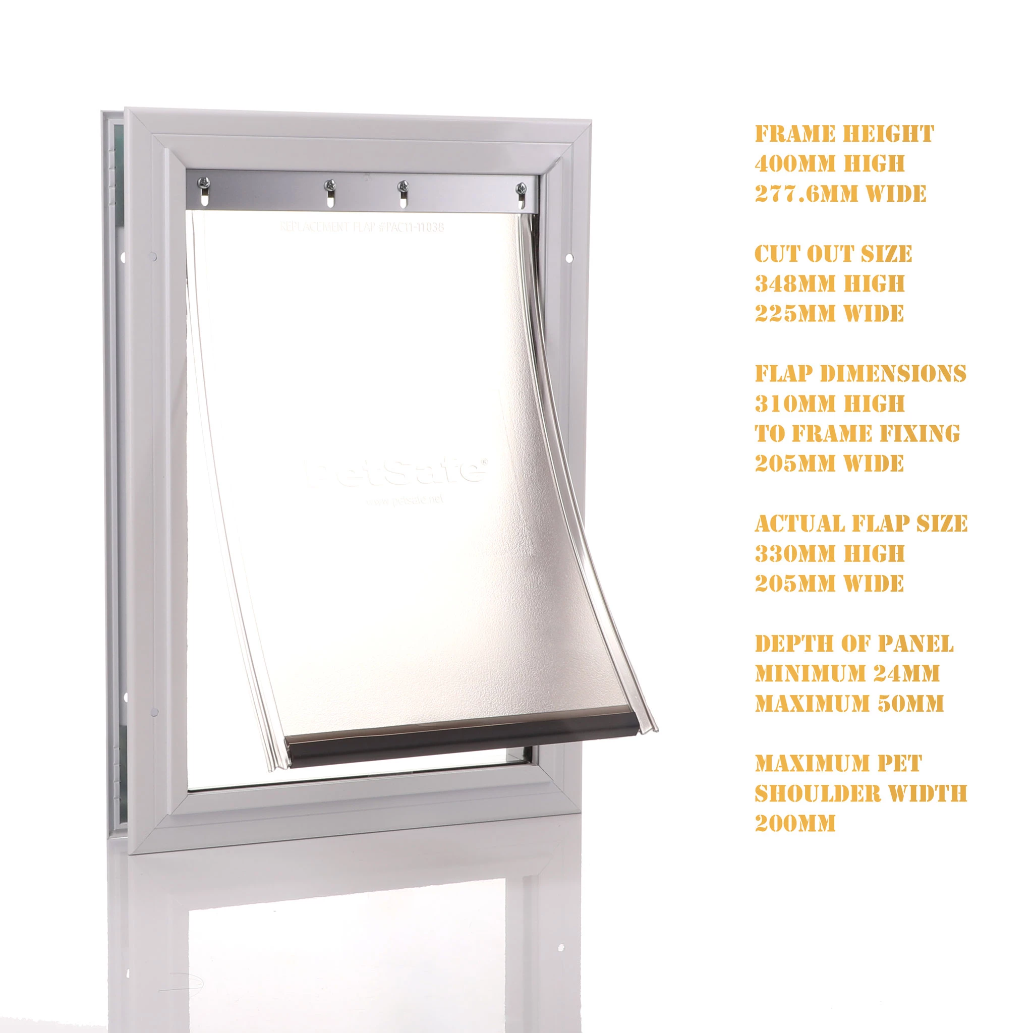 Suitable for all doors up to max 2" (50mm) Overall size : 400mm x 277.6mm, (15 3/4" x 10 15/16") Cutout Size : 348mm x 225mm, ( 13 3/4" x 8 7/8") Pet Max shoulder width: 213mm, (8 3/8")