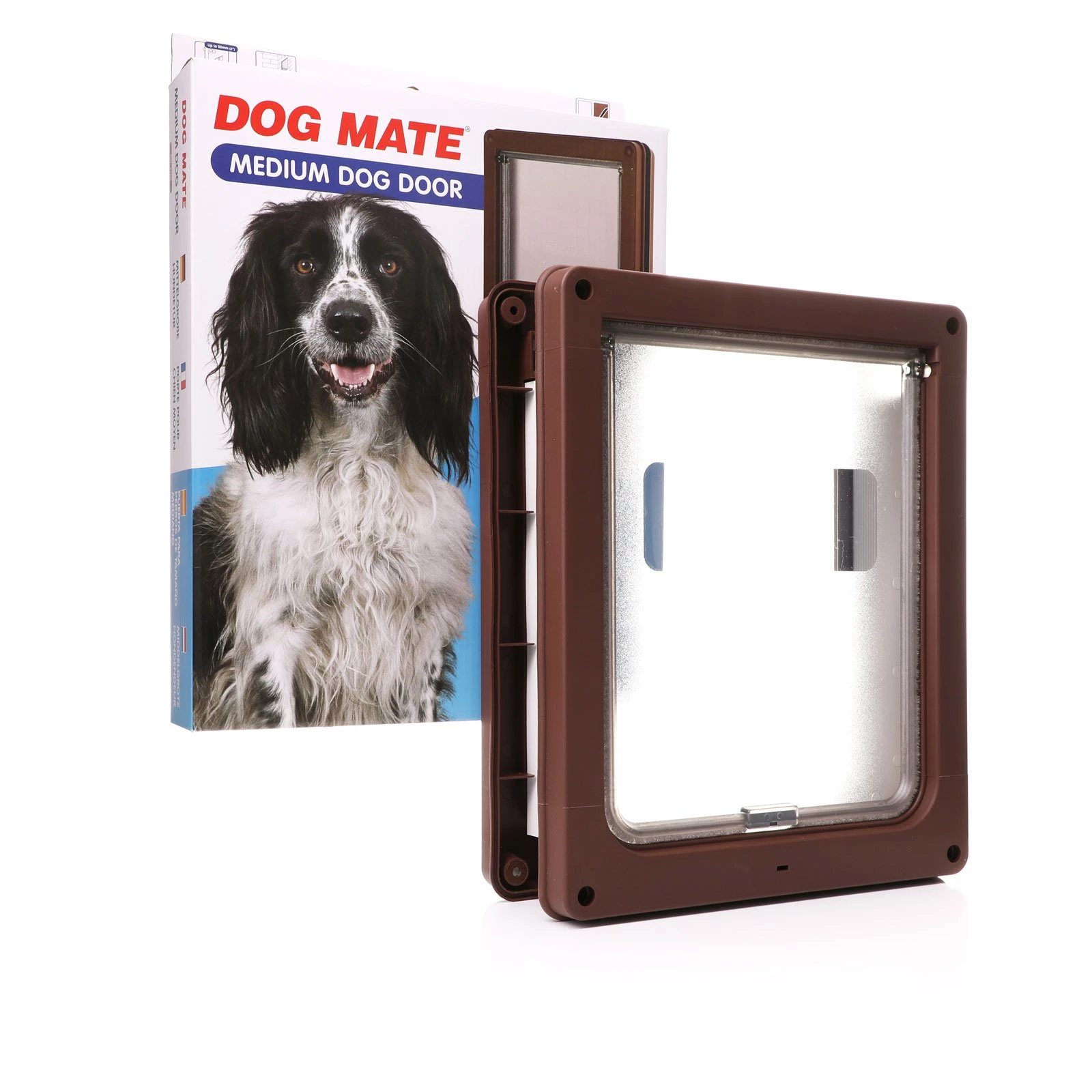 Dog Mate Brown Medium Door Medium small dog door with abrown frame and a clear flap.