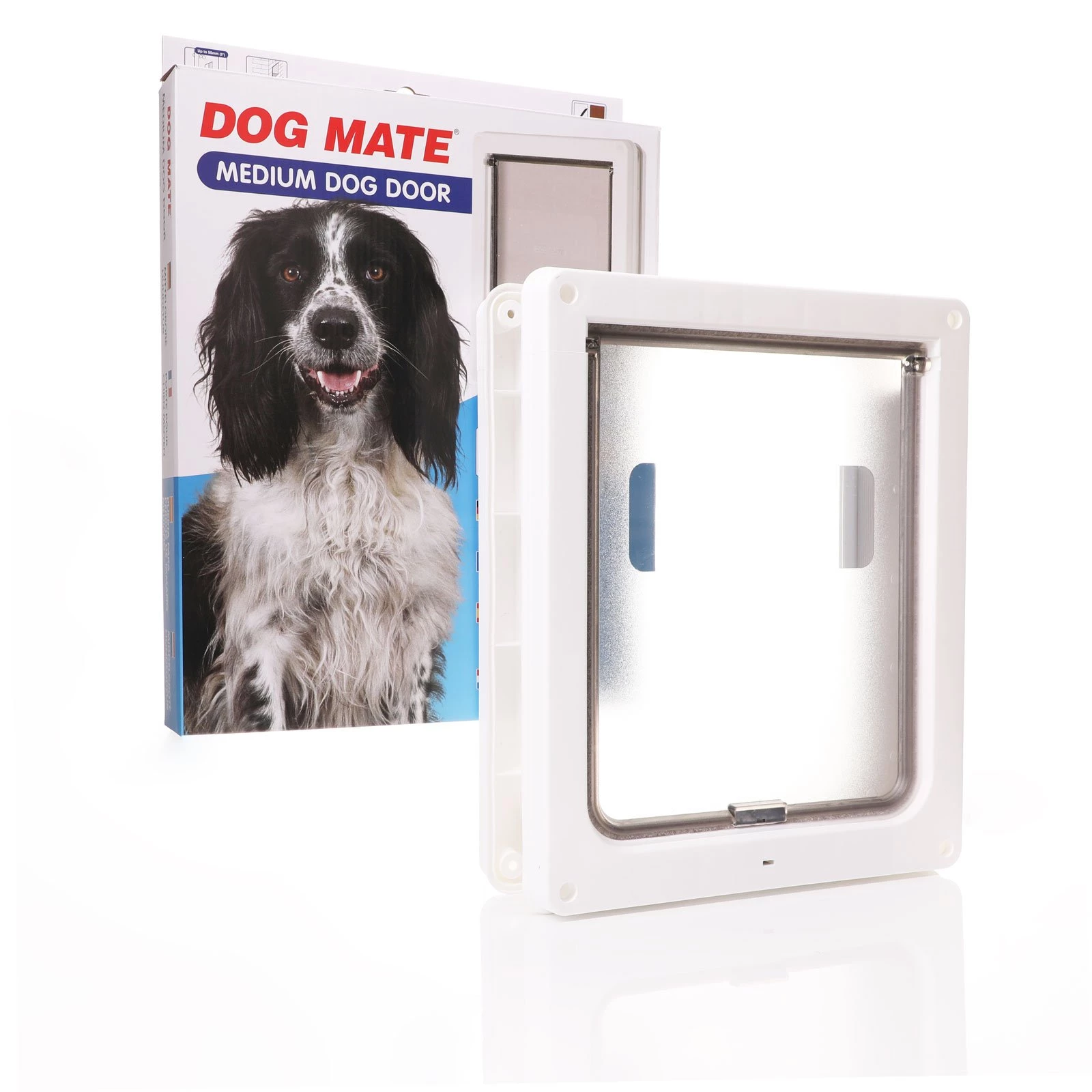 Medium small dog door white frame clear flap.