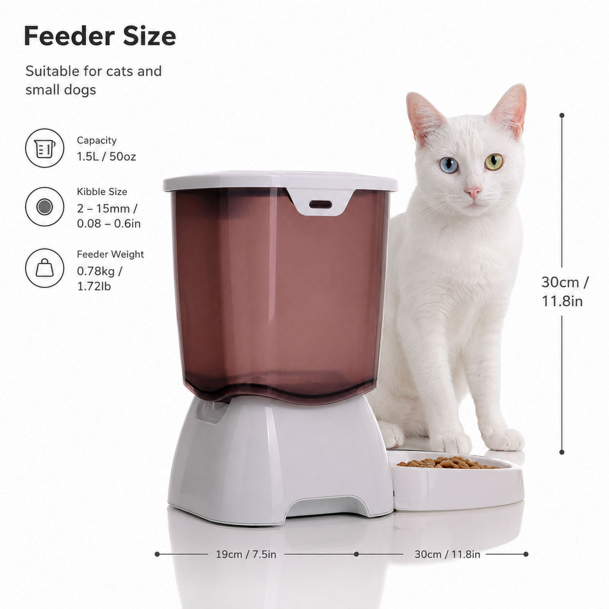 Cat Mate C3000 automatic feeder shown next to a cat for size comparison